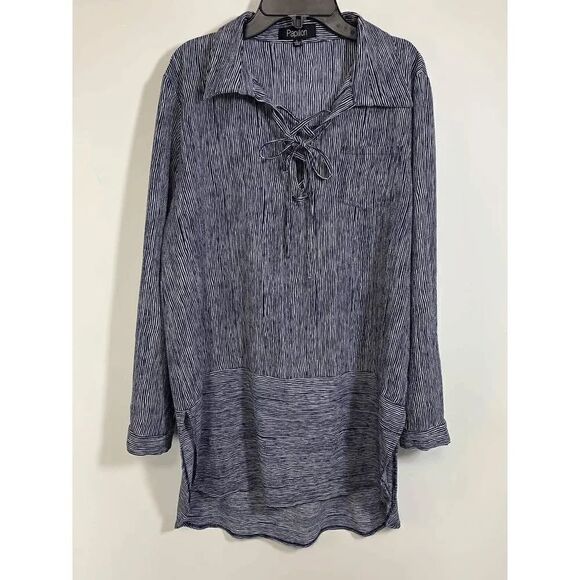 papillon Tops - Papillon Women's Striped Lace-up Front Long Shirt Navy Size Large